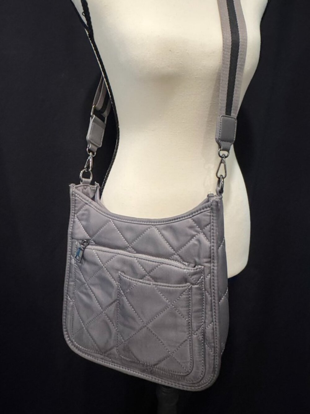 Gray Quilted Nylon Crossbody Bag